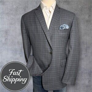 EC by Tom James Men's 48L Gray Windowpane Wool Blazer Sport Coat 2-Button Jacket